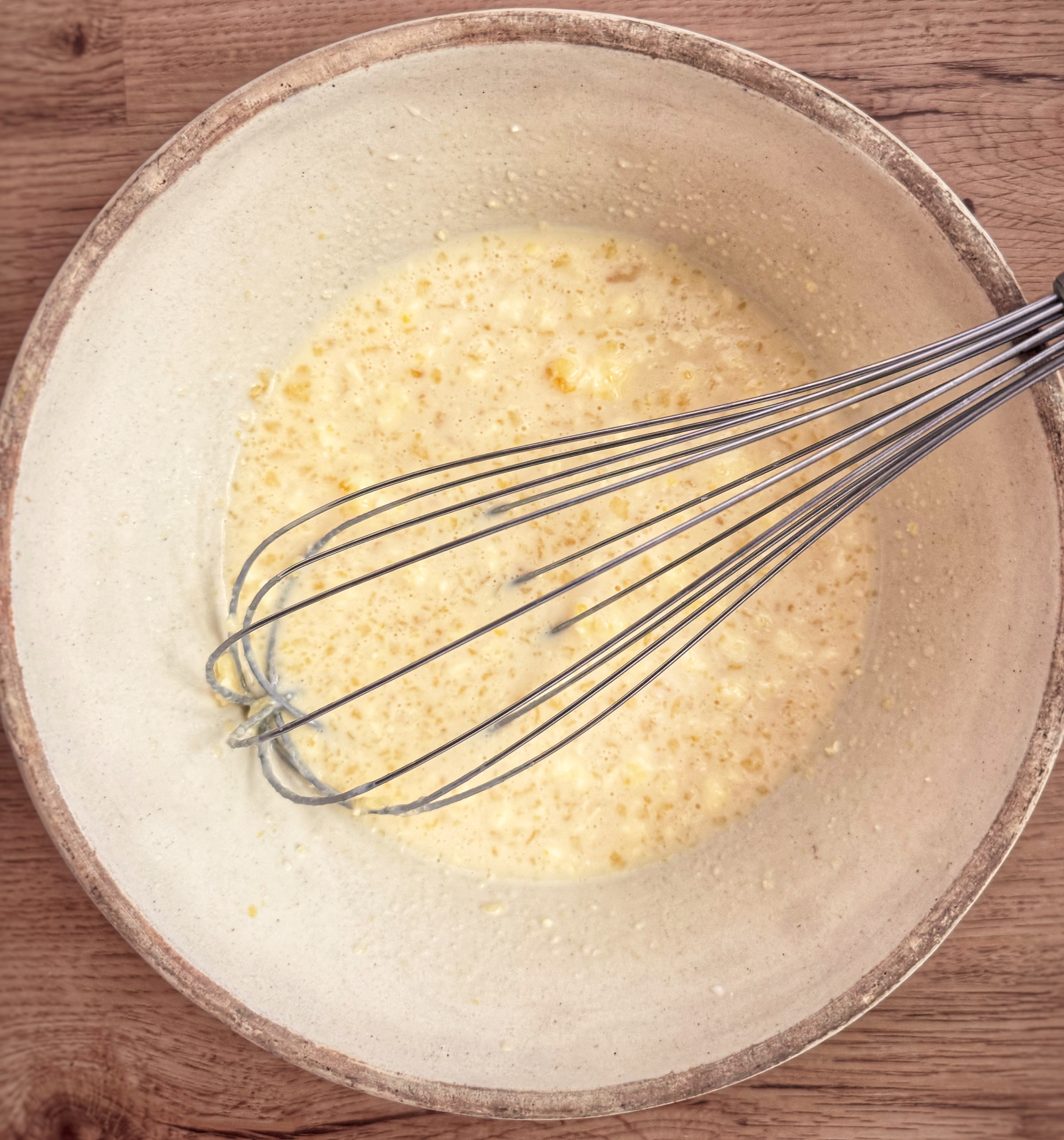 whisked wet ingredients in bowl