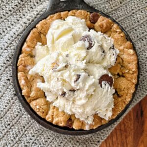 finished chocolate chip pizookie with ice cream on top